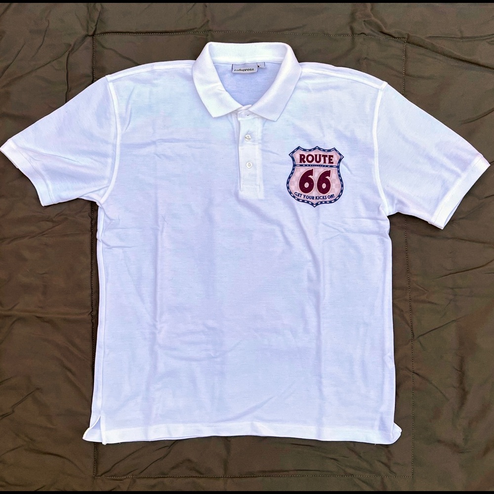 Men’s large white shirt with Route 66 logo on left chest